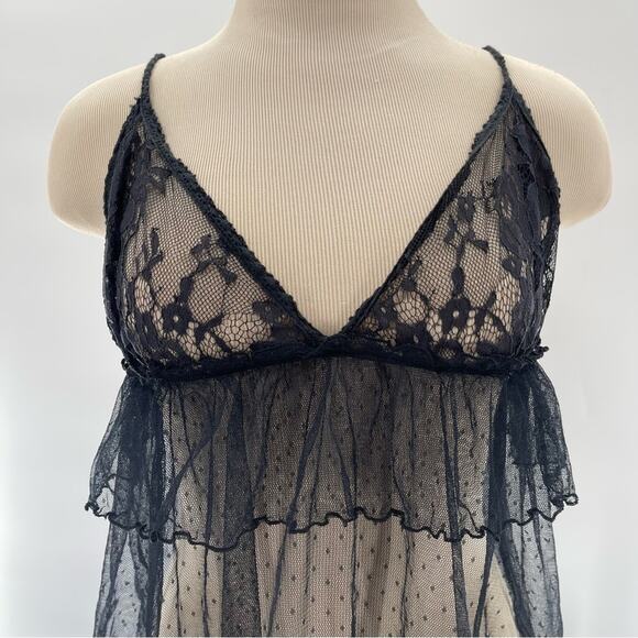 Anthropologie Lace Babydoll Sheer Mesh Tiered Black Slip Top Teddy Size Large - Picture 2 of 9